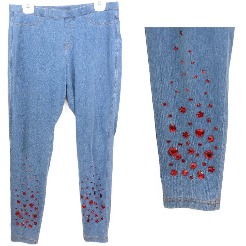 Rhinestone Red Hearts Size LARGE Accent Stones Embellished Blue Denim Jeans Jegg